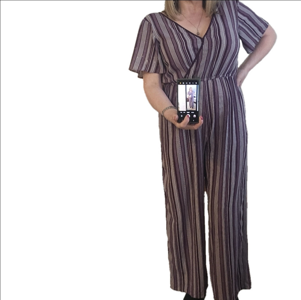Short Sleeve Surplice Neckline Striped Pantsuit Size XL